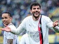 AC Milan's French defender #19 Theo Hernandez celebrates after scoring his team first goal during the Italian Serie A football match between Hellas Verona and AC Milan, at the Marcantonio Bentegodi stadium, in Verona, on March 17, 2024. (Photo by Piero CRUCIATTI / AFP)