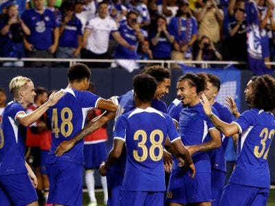 Chelsea's English forward Mason Burstow (2nd L) celebrates scoring his team's first goal during a pre-season friendly football match between Chelsea FC and Borussia Dortmund BVB at Soldier Field in Chicago, Illinois, on August 2, 2023. (Photo by KAMIL KRZACZYNSKI / AFP)